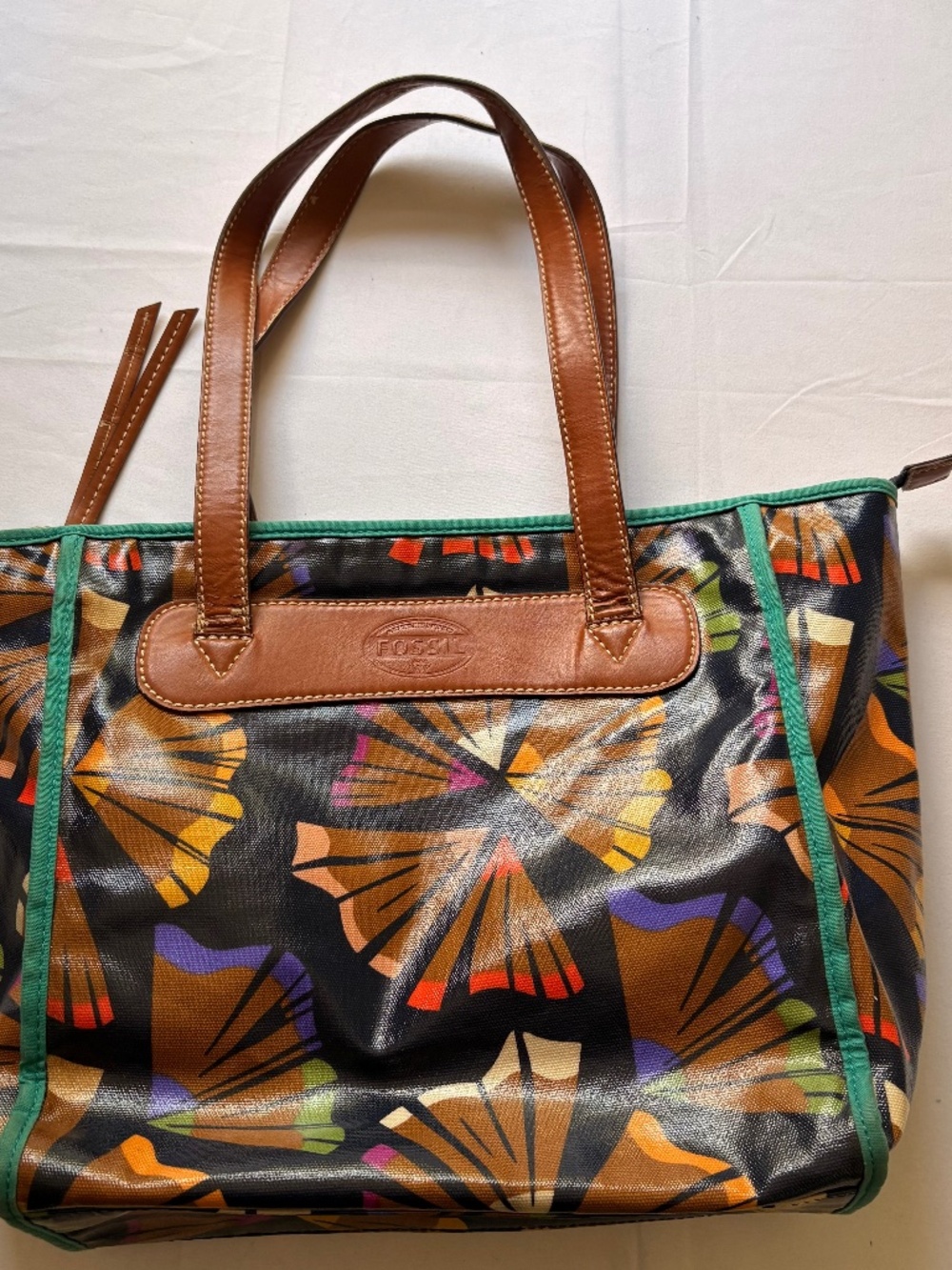 Fossil "Long Live Vintage" Coated Canvas Tote Bag Colorful Fan Print 12"x11"x4""